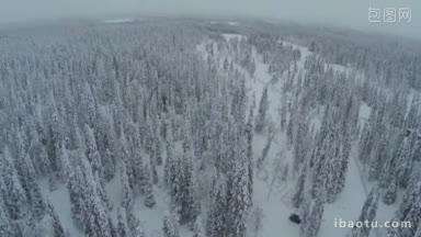 航拍大片的<strong>针叶林</strong>白色的冬季景观与高积雪覆盖的毛皮树